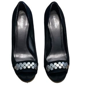Calvin Klein Suede Peep Toe Platform Pumps wTiny Silver Disc Embellishments